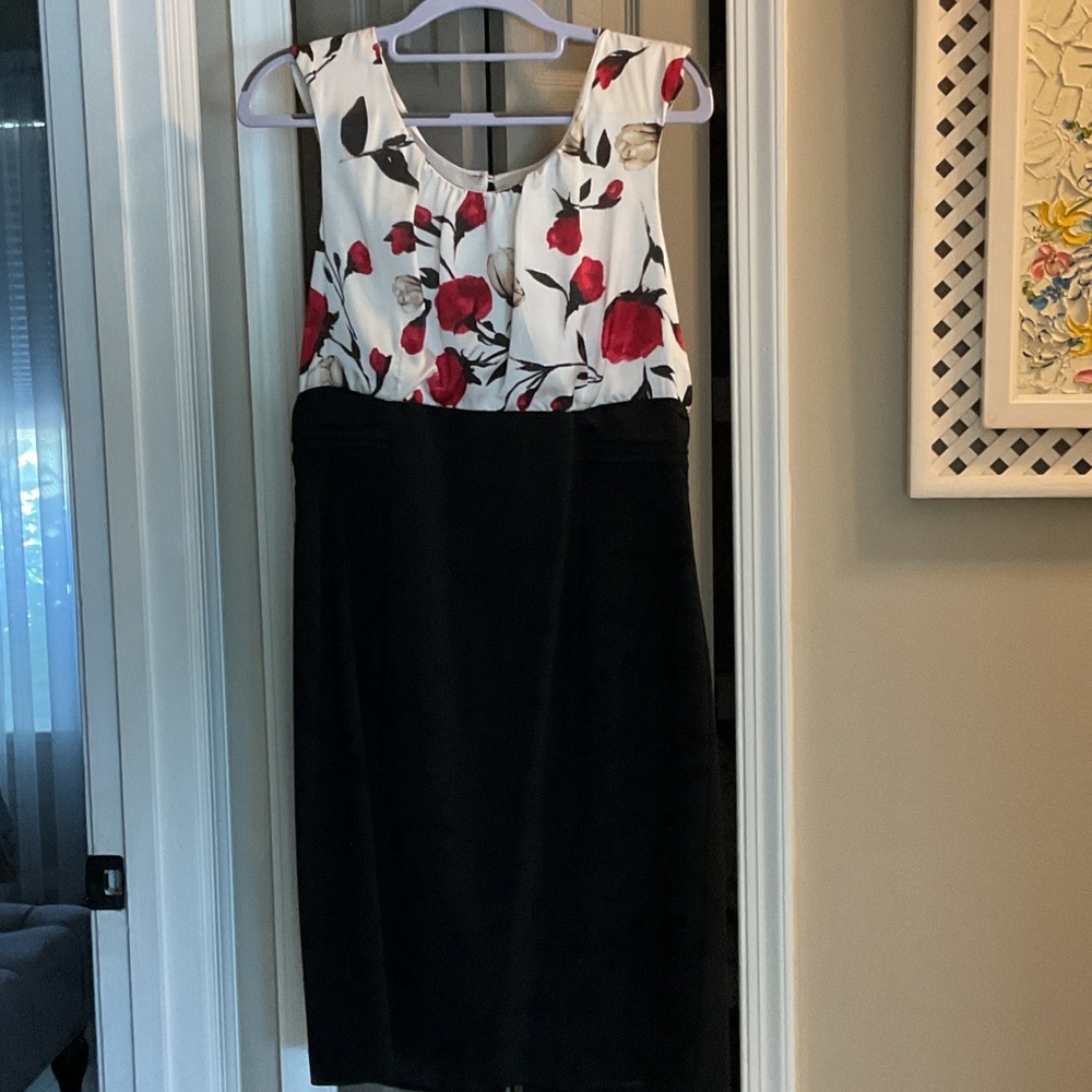 White House Black Market White Floral and Red Accented Black Midi Dress